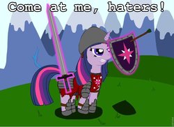 Size: 900x655 | Tagged: safe, twilight sparkle, pony, unicorn, g4, armor, come at me bro, crossover, female, haters gonna hate, helmet, image macro, magic, magic aura, mare, mount and blade, shield, solo, sword, telekinesis, unicorn twilight, warrior twilight sparkle, weapon