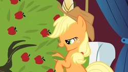 Size: 1920x1080 | Tagged: safe, screencap, applejack, bloomberg, earth pony, pony, g4, over a barrel, apple, apple tree, female, lidded eyes, mare, out of context, tree