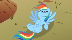 Size: 1920x1080 | Tagged: safe, screencap, rainbow dash, pegasus, pony, g4, over a barrel, season 1, female, great moments in animation, not what it looks like, on back, out of context, solo, spread wings, wings