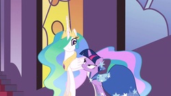 Size: 1920x1080 | Tagged: safe, screencap, princess celestia, twilight sparkle, g4, the best night ever, lidded eyes, out of context