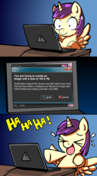 Size: 550x990 | Tagged: safe, artist:marcusmaximus, pinkie pie, princess erroria, g4, 4chan, comic, computer, erroria's computer, laptop computer, laughing, photoshop