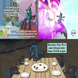 Size: 1447x1447 | Tagged: safe, artist:jarntazecht, applejack, queen chrysalis, rarity, shining armor, changeling, g4, broken hearts, changeling feeding, crying, fridge horror, heart, hub logo, hungry, meme, mommy chrissy, parody, perry bible fellowship, plate, ponified meme, poverty, sad, starvation, table, text, the implications are horrible