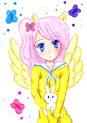 Size: 2597x3673 | Tagged: safe, artist:itsrainingclouds, angel bunny, fluttershy, g4, eared humanization, humanized, traditional art, winged humanization