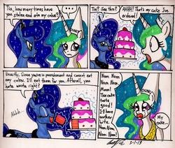 Size: 1543x1307 | Tagged: safe, artist:newyorkx3, princess celestia, princess luna, g4, cake, cakelestia, comic, crying, dunce hat, hat, pure unfiltered evil, this will end in tears, this will not end well, traditional art, you monster