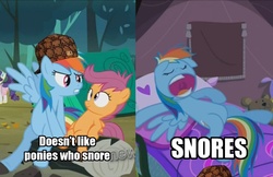 Size: 1107x719 | Tagged: safe, edit, edited screencap, screencap, rainbow dash, scootaloo, g4, sleepless in ponyville, cross-eyed, female, filly, foal, frown, glare, gritted teeth, hat, hypocrisy, irony, mare, meme, on back, open mouth, scumbag hat, scumbag steve, sitting, smiling, snoring, spread wings, text, truth, wide eyes