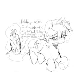 Size: 1200x1200 | Tagged: safe, artist:mewball, lyra heartstrings, pony, g4, alcohol, blushing, bottle, drunk, female, implied anon, magic, monochrome, simple background, solo, telekinesis