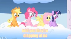 Size: 636x348 | Tagged: safe, applejack, fluttershy, pinkie pie, twilight sparkle, g4, cloppers, image macro, shock, shocked, sky, spying, wingboner, yellow text