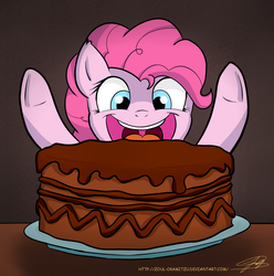 Size: 1540x1550 | Tagged: safe, artist:zortail, pinkie pie, earth pony, pony, g4, cake, eyes on the prize, female, mare, open mouth, signature, solo