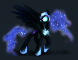 Size: 1100x846 | Tagged: safe, artist:kairaanix, nightmare moon, alicorn, pony, g4, female, glowing eyes, gray background, mare, raised hoof, simple background, solo