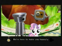 Size: 768x576 | Tagged: safe, sweetie belle, pony, robot, robot pony, unicorn, g4, chibi-robo, female, filly, foal, horn, looking at you, open mouth, sweetie bot, telly vision, text