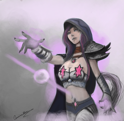 Size: 2324x2255 | Tagged: safe, artist:auroriia, twilight sparkle, human, g4, cleavage, female, hood, humanized, magic, pasties, solo