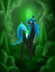 Size: 1074x1396 | Tagged: safe, artist:livinlovindude, queen chrysalis, changeling, changeling queen, g4, cave, crown, female, glowing, glowing horn, horn, jewelry, looking at you, magic, regalia, solo, transparent wings, wings