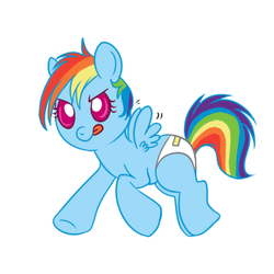 Size: 350x350 | Tagged: safe, artist:lulubell, rainbow dash, pegasus, pony, g4, :p, baby, baby pony, cute, dashabetes, diaper, female, flapping, foal, simple background, smiling, solo, tail tape, tongue out, white background, younger