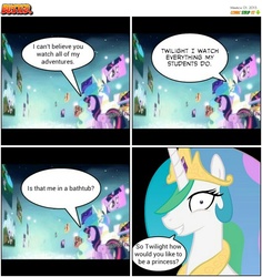 Size: 820x869 | Tagged: safe, edit, edited screencap, screencap, princess celestia, twilight sparkle, alicorn, pony, unicorn, princess molestia, g4, magical mystery cure, ascension realm, butt, comic, duo, female, mare, plot, princess celestia's special princess making dimension, void