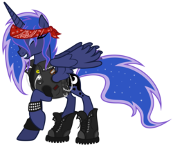 Size: 6000x5115 | Tagged: safe, artist:gabriev666, princess luna, alicorn, pony, g4, absurd resolution, alternate hairstyle, bandana, belt, boots, chains, clothes, eddie the head, female, harley davidson, heavy metal, hoof boots, iron maiden, jacket, leather jacket, mare, metal, metalhead, partially open wings, punk luna, simple background, slayer, solo, transparent background, vector, vest, wings