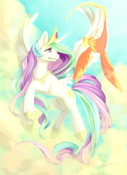 Size: 2091x2867 | Tagged: safe, artist:otakusuzuka, philomena, princess celestia, alicorn, phoenix, pony, g4, female, flying, mare