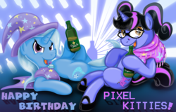 Size: 1200x769 | Tagged: safe, artist:jamescorck, trixie, oc, oc:pixelkitties, g4, alcohol, beer