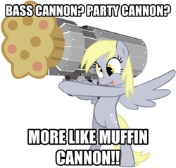 Size: 916x872 | Tagged: safe, derpy hooves, pegasus, pony, g4, bass cannon, cannon, cannon ponies, female, mare, muffin, muffin launcher