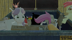 Size: 1920x1080 | Tagged: dead source, safe, artist:funnystargalloper, apple bloom, scootaloo, sweetie belle, earth pony, pegasus, pony, rat, unicorn, g4, 2013, 3d, alicorn amulet, coca-cola, computer, cutie mark crusaders, dumpster, female, filly, gnome chompski, source filmmaker, syringe, trash