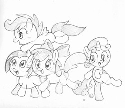 Size: 1729x1490 | Tagged: safe, artist:sauec, apple bloom, babs seed, scootaloo, sweetie belle, earth pony, pegasus, pony, unicorn, g4, monochrome, sketch, traditional art