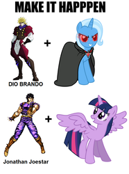 Size: 747x1005 | Tagged: safe, trixie, twilight sparkle, alicorn, pony, g4, alicorn amulet, dio brando, exploitable meme, female, jojo pose, jojo's bizarre adventure, jonathan joestar, make it happen, mare, twilight sparkle (alicorn)