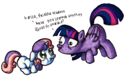 Size: 1210x735 | Tagged: safe, artist:darkone10, sweetie belle, twilight sparkle, alicorn, pony, unicorn, g4, female, filly, foal, insanity, mare, scrunchy face, twilight sparkle (alicorn)