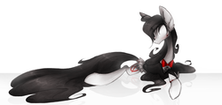 Size: 2694x1278 | Tagged: safe, artist:the--cloudsmasher, pony, blood, bowtie, clothes, long tail, rule 63, skirt, slenderman, slendermane, slendermare, slenderpony, solo, suit