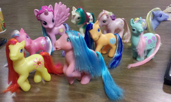 Size: 800x476 | Tagged: safe, bubblecup, cha cha, cotton candy (g3), firefly, fluttershy (g3), gusty, princess celestia, sunshimmer, wishawhirl, llama, g1, g3, g4, irl, photo, pinklestia, pony friends, toy