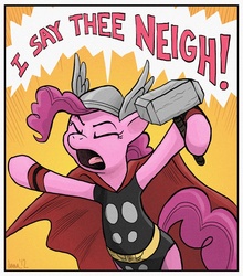 Size: 948x1078 | Tagged: safe, artist:pedantia, pinkie pie, earth pony, pony, g4, crossover, female, marvel, solo, thor