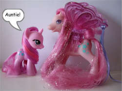 Size: 551x414 | Tagged: safe, princess twinkle star, twinkleshine, pegasus, pony, g2, g4, aunt and niece, irl, photo, speech bubble, text, toy