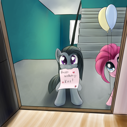Size: 1200x1200 | Tagged: safe, artist:sokolas, marble pie, pinkie pie, earth pony, pony, g4, balloon, birthday, cute, female, heart, heart eyes, letter, looking at you, marblebetes, mare, mouth hold, note, paper, pie sisters, sisters, sitting, stairs, twins, wingding eyes
