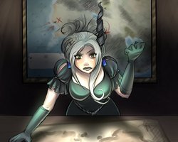 Size: 1280x1024 | Tagged: dead source, safe, artist:mikakitty, queen chrysalis, human, g4, cleavage, clothes, dress, drill hair, female, gloves, humanized, map, solo, war room