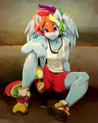 Size: 800x1000 | Tagged: dead source, safe, artist:jeniak, rainbow dash, anthro, plantigrade anthro, g4, clothes, detailed, female, goggles, holding, looking at you, shoes, sitting, smiling, smiling at you, sneakers, solo, tank top