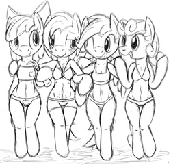 Size: 800x770 | Tagged: safe, artist:tg-0, apple bloom, babs seed, scootaloo, sweetie belle, earth pony, anthro, semi-anthro, g4, apple, arm hooves, bandeau, belly button, bikini, clothes, cutie mark crusaders, swimsuit