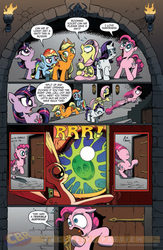 Size: 900x1384 | Tagged: safe, artist:andy price, idw, official comic, applejack, fluttershy, pinkie pie, rainbow dash, rarity, twilight sparkle, g4, the return of queen chrysalis, spoiler:comic, spoiler:comic04, comic, idw advertisement, le, mane six, meme origin, monster's eye, preview, scared, shock, surprise door