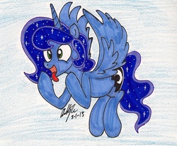Size: 1169x968 | Tagged: safe, artist:newyorkx3, princess luna, pony, g4, cider, flying, male, prince artemis, rule 63, solo, tongue out, traditional art