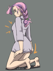 Size: 600x800 | Tagged: safe, artist:moronsonofboron, sweetie belle, human, g4, barefoot, bottomless, braid, clothes, cute, diasweetes, feet, female, gray background, humanized, kneeling, older, older sweetie belle, partial nudity, simple background, solo