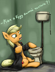 Size: 954x1247 | Tagged: safe, artist:rule1of1coldfire, applejack, g4, bratishka, clothes, russian, the green elephant, toilet, translated in the comments, trenchcoat