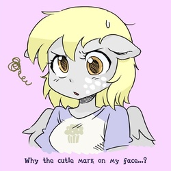 Size: 500x499 | Tagged: safe, artist:shepherd0821, derpy hooves, pegasus, anthro, g4, ambiguous facial structure, cutie mark on cheek, female, purple background, simple background, solo