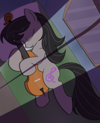Size: 1950x2400 | Tagged: safe, artist:haloprime, octavia melody, earth pony, pony, g4, bed, cello, eyes closed, female, mare, musical instrument, sleeping, solo