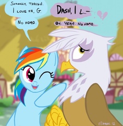 Size: 780x800 | Tagged: safe, artist:ribnose, gilda, rainbow dash, griffon, pegasus, pony, g4, no homo, shipping denied, text