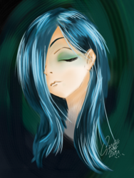 Size: 768x1024 | Tagged: safe, artist:claireannecarr, queen chrysalis, human, g4, bust, eyes closed, eyeshadow, humanized, makeup