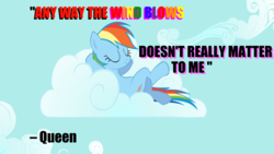 Size: 1920x1080 | Tagged: safe, edit, edited screencap, screencap, rainbow dash, g4, the return of harmony, bohemian rhapsody, caption, cloud, cloudy, image macro, queen (band), song, song reference