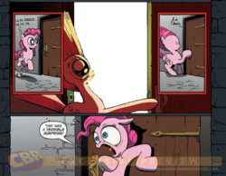 Size: 900x700 | Tagged: safe, idw, pinkie pie, earth pony, pony, g4, exploitable, exploitable meme, female, mare, meme, meme template, scared, solo, speech, surprise door