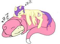 Size: 2400x1749 | Tagged: safe, alula, pluto, princess erroria, slowpoke (pokémon), g4, cute, pokémon, sleeping, zzz