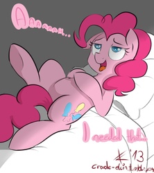 Size: 800x900 | Tagged: safe, artist:crade, pinkie pie, earth pony, pony, g4, bed, dialogue, female, on back, solo