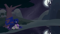 Size: 1920x1080 | Tagged: dead source, safe, artist:whatsapokemon, fluttershy, princess luna, g4, female, lesbian, night, ship:lunashy, shipping, sleeping, winghug