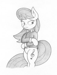 Size: 2000x2660 | Tagged: safe, artist:agamnentzar, octavia melody, earth pony, pony, g4, bipedal, clothes, female, joey darkmeat style, monochrome, simple background, solo, style emulation, traditional art