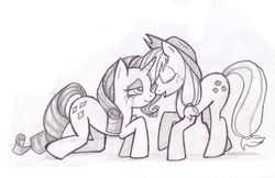 Size: 500x324 | Tagged: safe, artist:destiny-shiva, applejack, rarity, g4, female, lesbian, monochrome, ship:rarijack, shipping, simple background