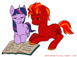 Size: 670x500 | Tagged: safe, artist:pettankoprincess, twilight sparkle, oc, oc:pyro, g4, askthesixelementals, book, fire, reading, simple background